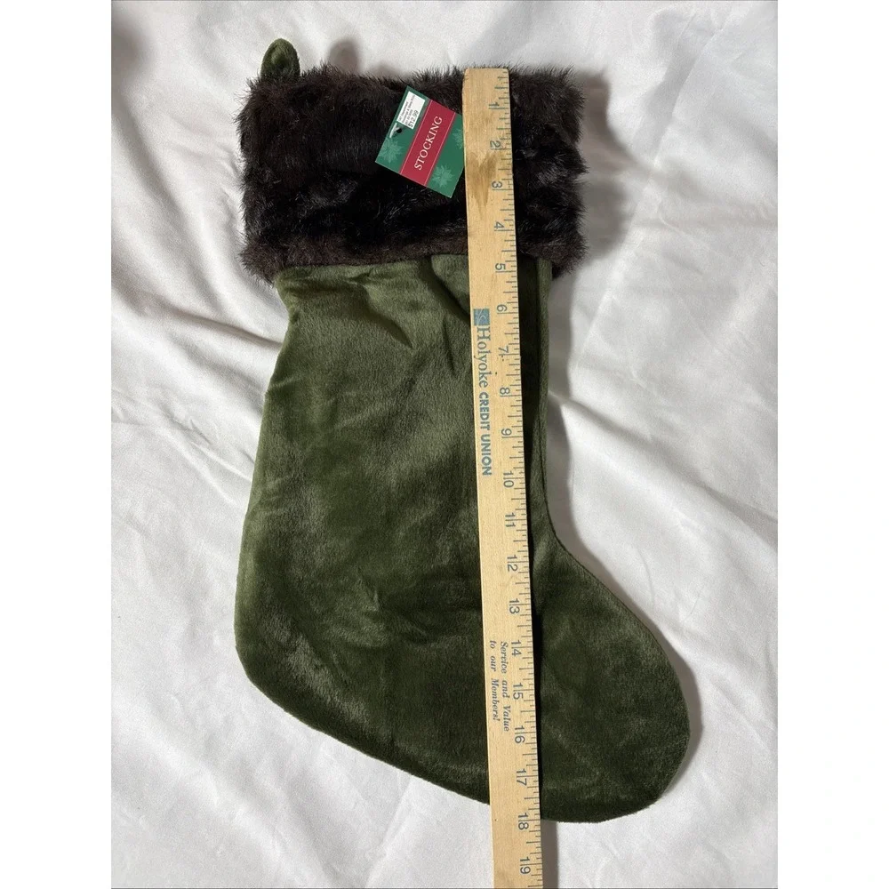 NEW OLIVE GREEN CHRISTMAS STOCKING BROWN FAUX FUR CUFF 18